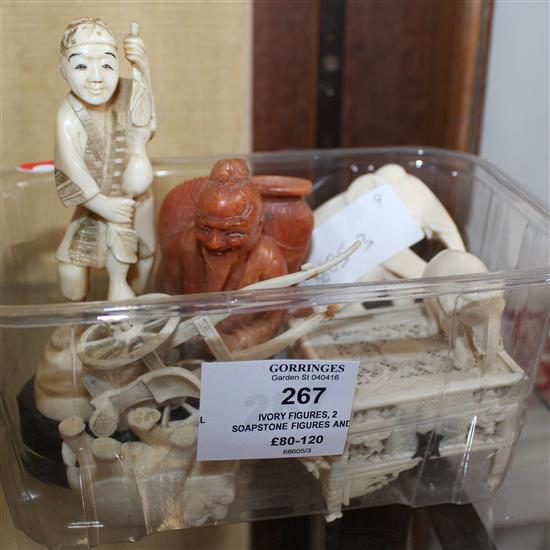 Ivory figures, 2 soapstone figures and an ivory trinket box